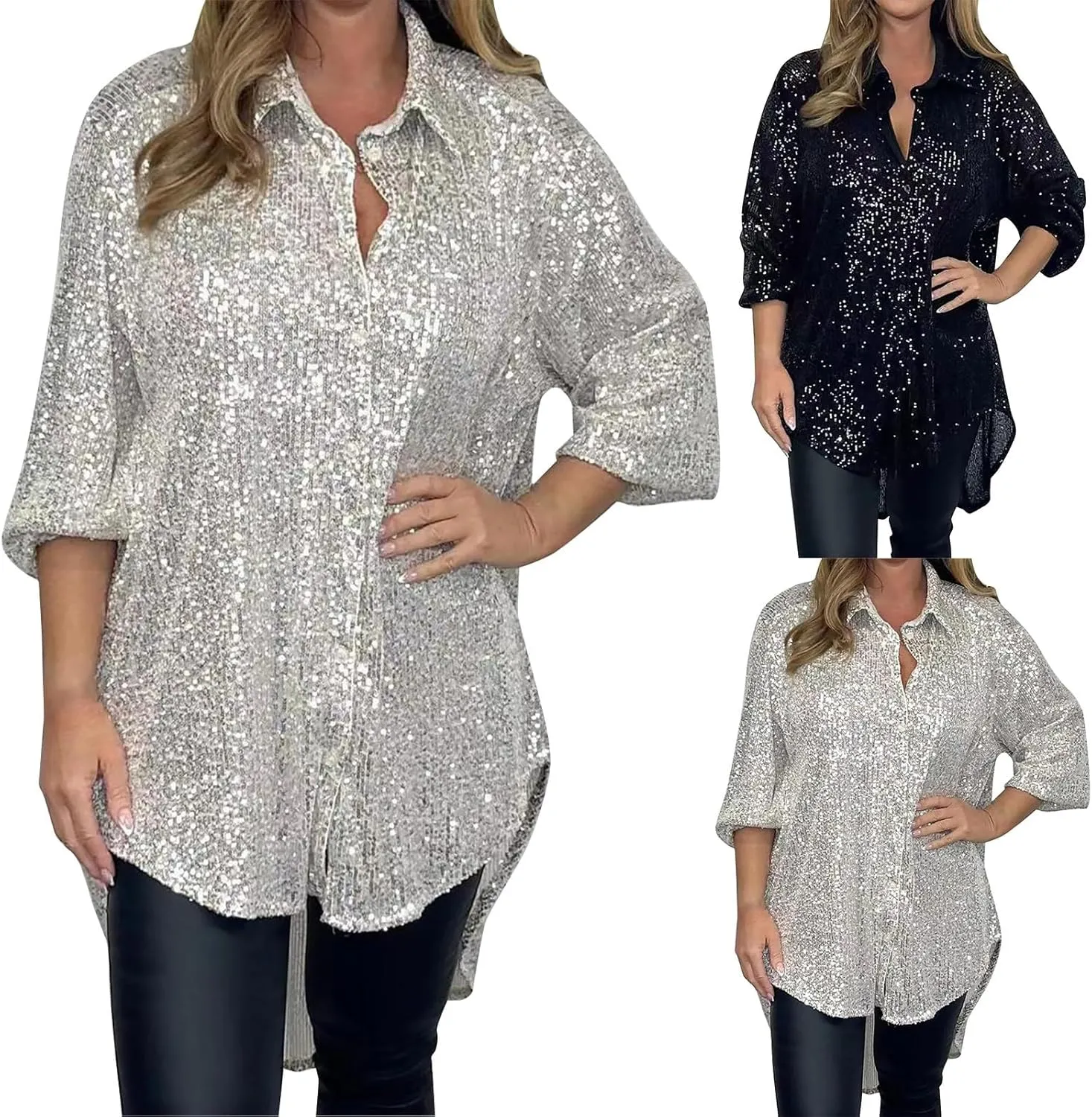 Sequin Button Shirt for Women Long Sleeve Silver Black Glitter Sequin High Low Hem Tops Sparkly Collared Party Blouse