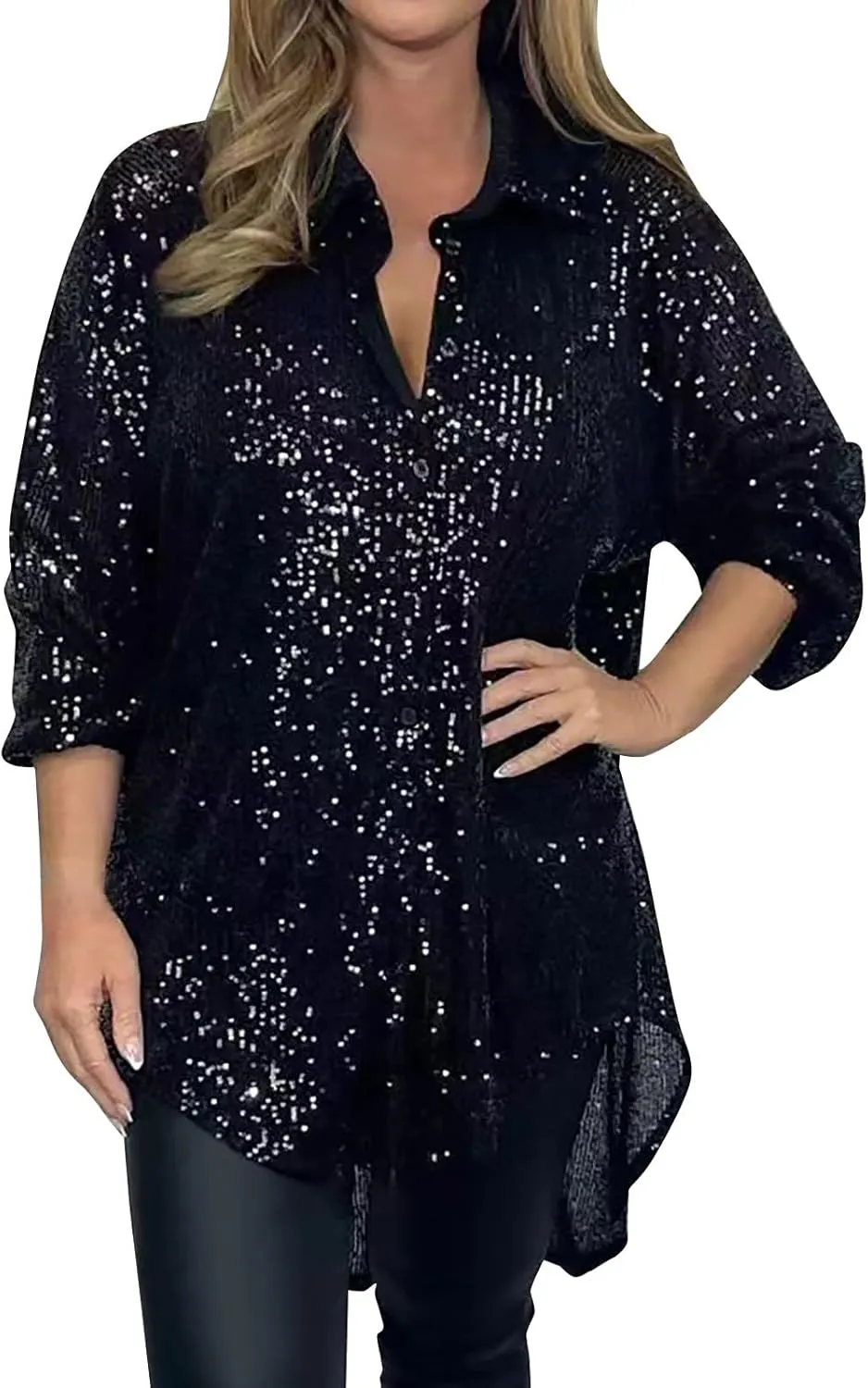 Sequin Button Shirt for Women Long Sleeve Silver Black Glitter Sequin High Low Hem Tops Sparkly Collared Party Blouse