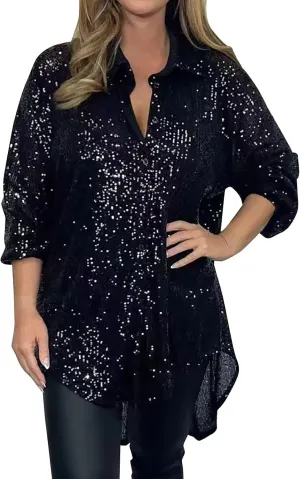 Sequin Button Shirt for Women Long Sleeve Silver Black Glitter Sequin High Low Hem Tops Sparkly Collared Party Blouse