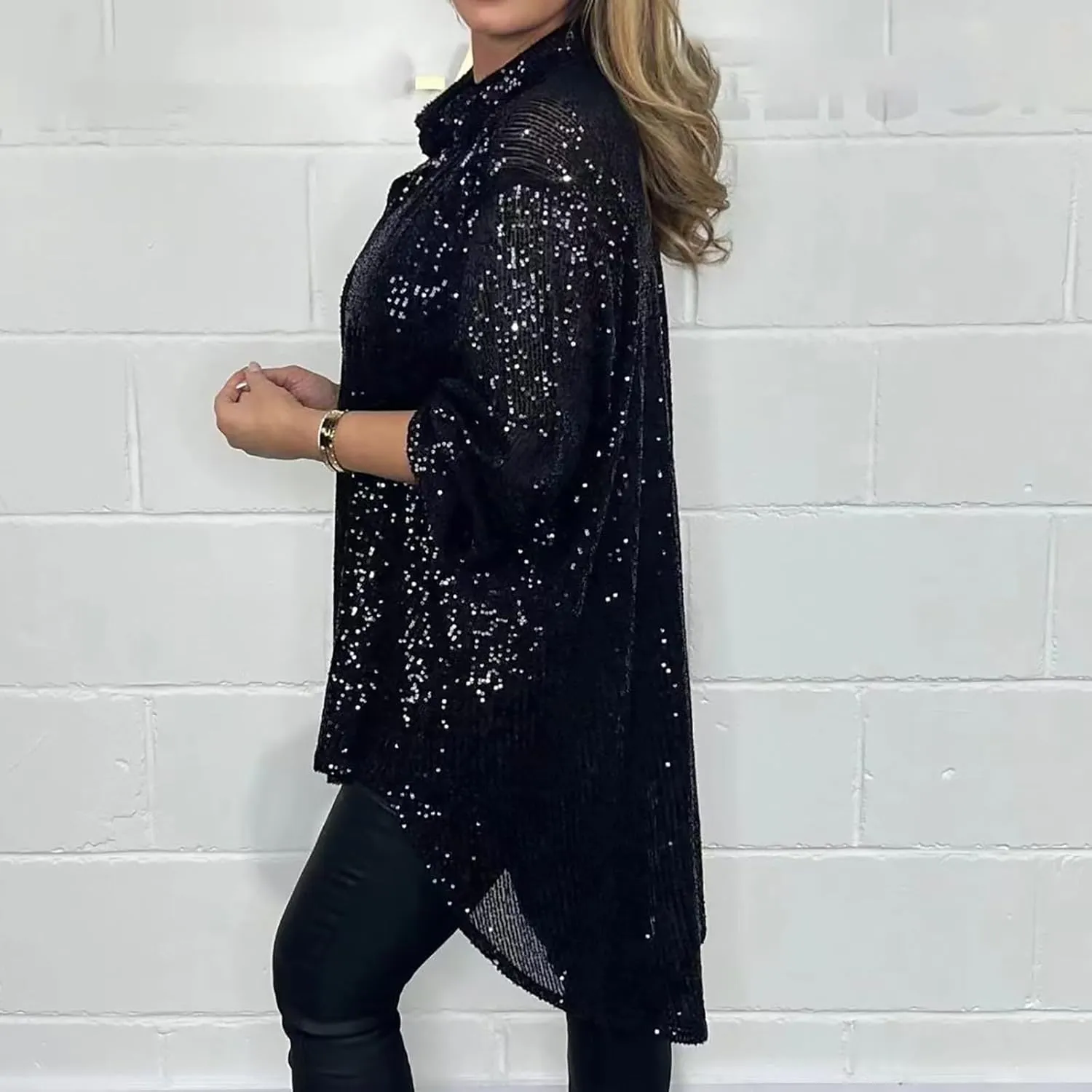 Sequin Button Shirt for Women Long Sleeve Silver Black Glitter Sequin High Low Hem Tops Sparkly Collared Party Blouse