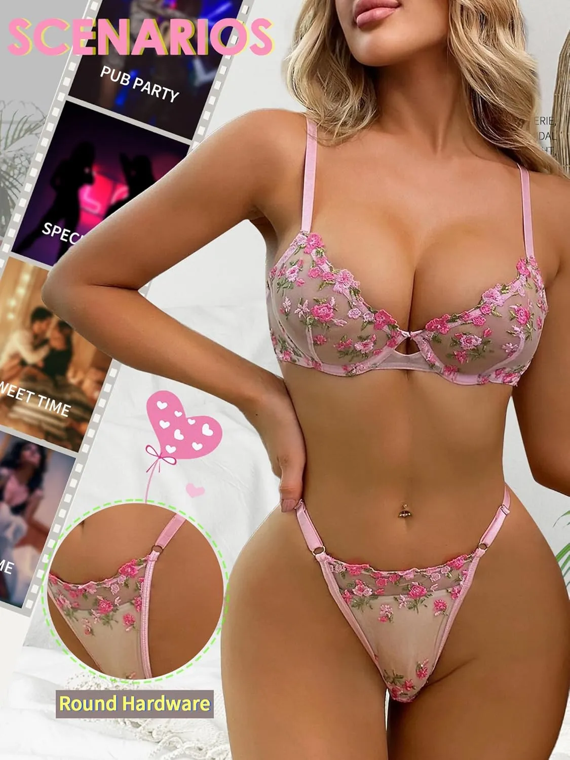 Sexy Lingerie for Women Embroidery Floral Mesh Sheer Bra and Panty Sets Push Up Lace Bralette 2 Piece Lingerie Set