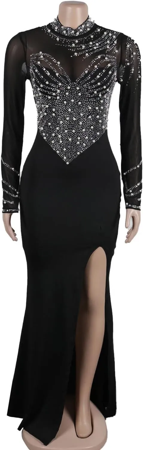 Sexy Rhinestone Crystal Mesh Patchwork Sheer Bodycon Dress Womens See-Through Birthday Clubwear Dresses