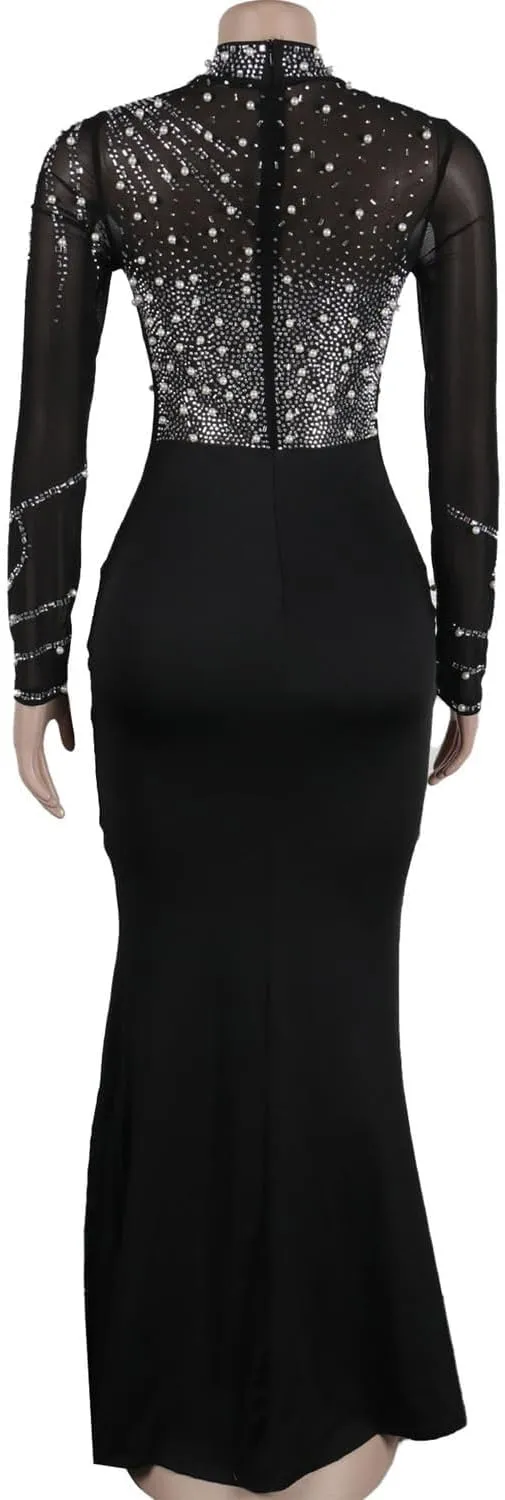 Sexy Rhinestone Crystal Mesh Patchwork Sheer Bodycon Dress Womens See-Through Birthday Clubwear Dresses