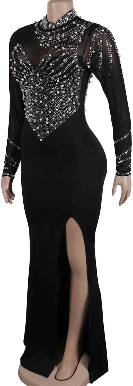 Sexy Rhinestone Crystal Mesh Patchwork Sheer Bodycon Dress Womens See-Through Birthday Clubwear Dresses