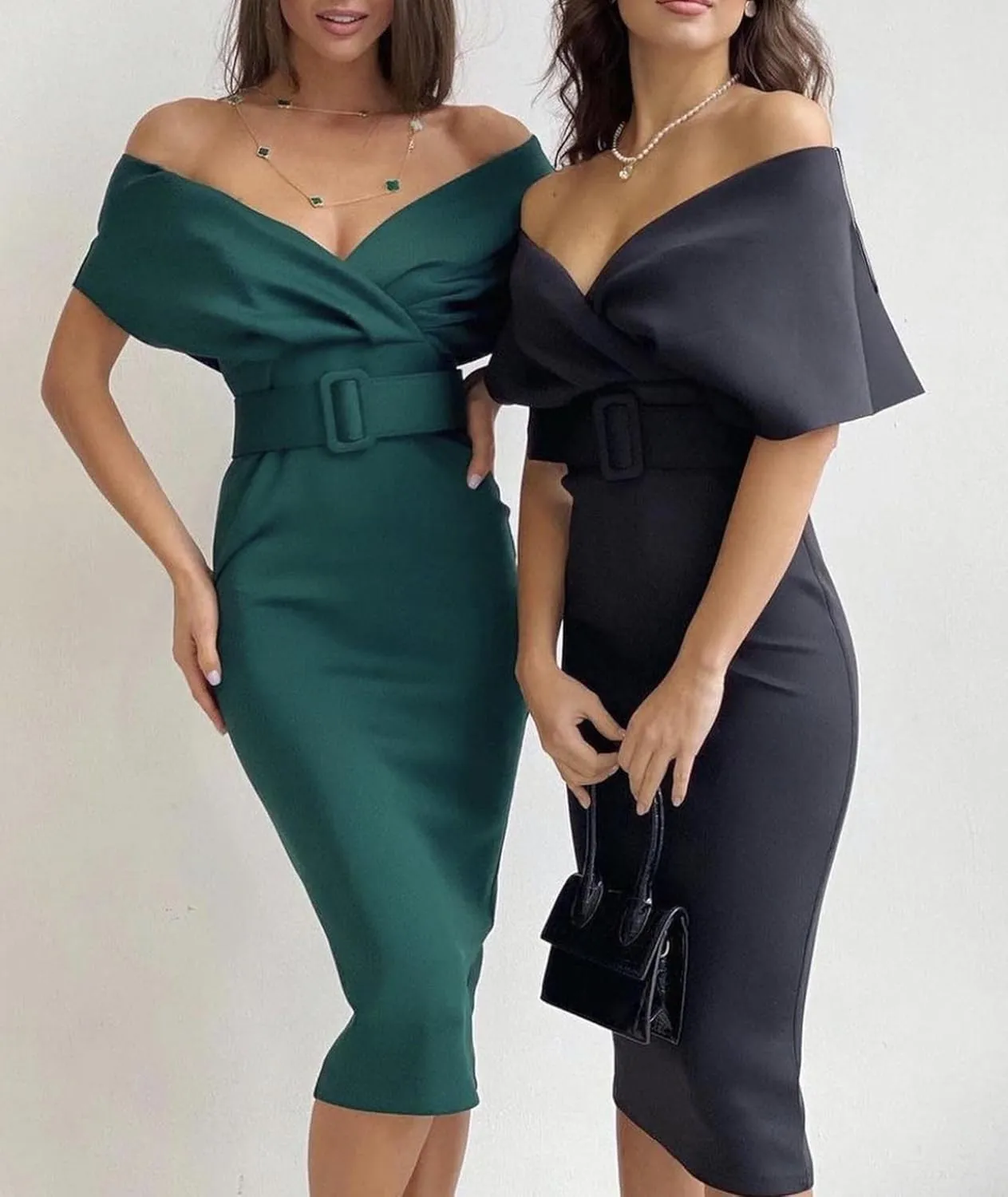 Sexyshine Women's Sexy Off-Shoulder V-Neck Wrap Dress with Belt Elegant Bodycon Midi Evening Gown Party Dress