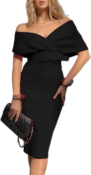Sexyshine Women's Sexy Off-Shoulder V-Neck Wrap Dress with Belt Elegant Bodycon Midi Evening Gown Party Dress