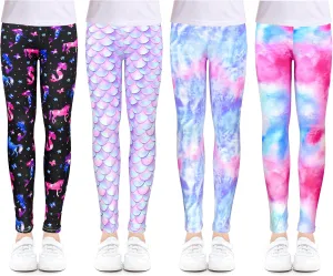 Slaixiu 4 Pack Leggings for Girls - Soft & Comfortable Ankle Length Printed Leggings for Kids (3T to 12 Years)