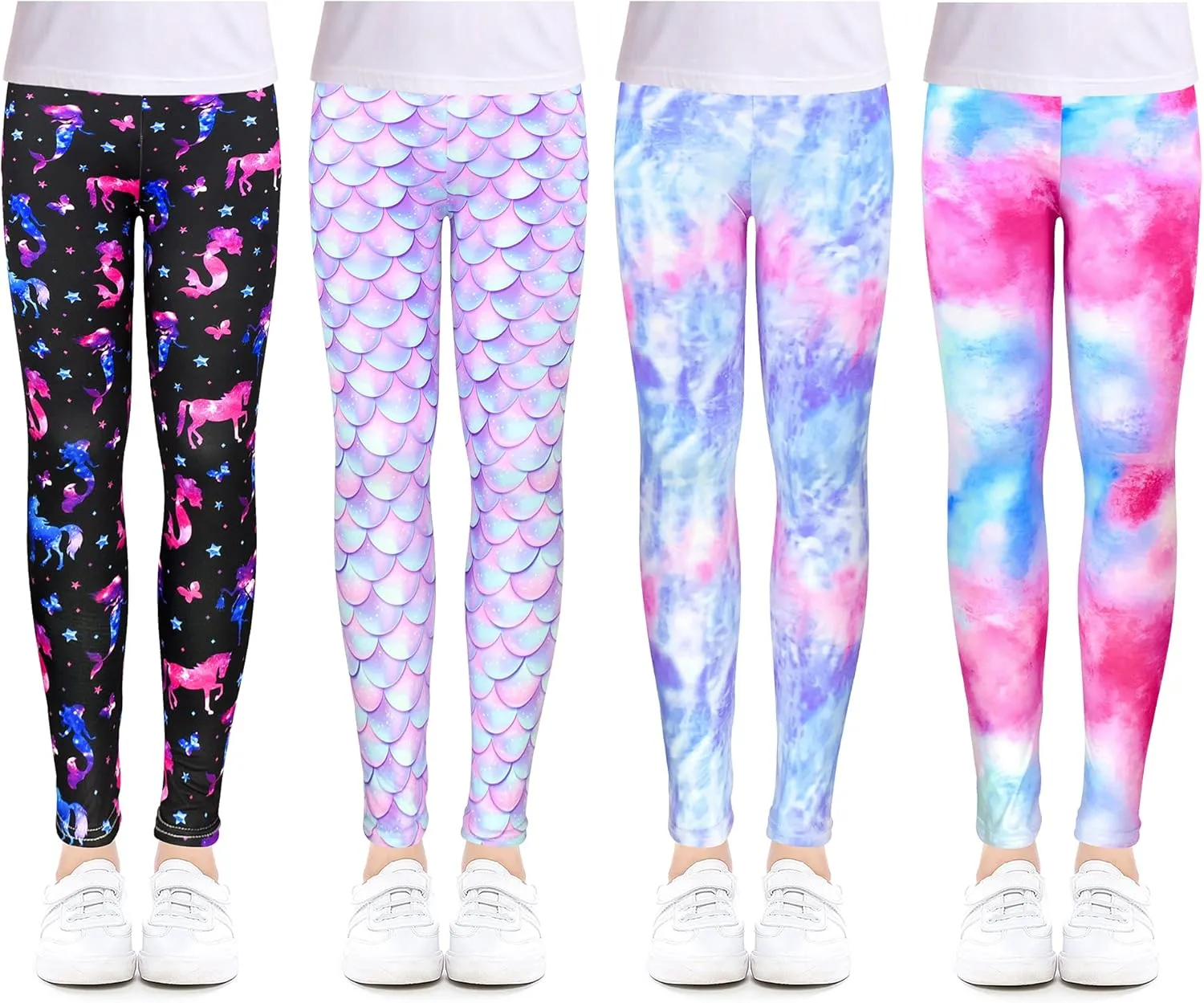 Slaixiu 4 Pack Leggings for Girls - Soft & Comfortable Ankle Length Printed Leggings for Kids (3T to 12 Years)