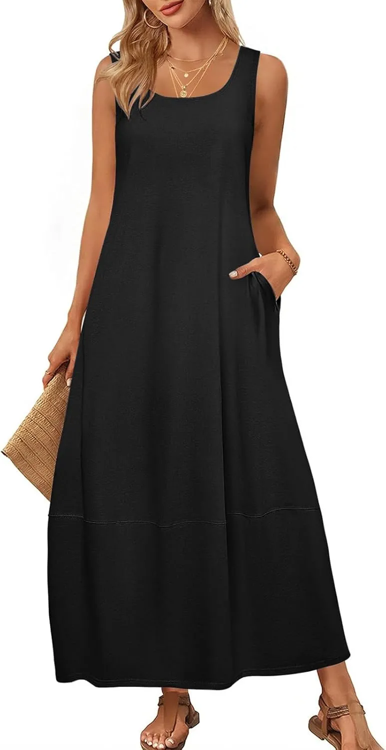 Sleeveless Maxi Dress for Women Casual Summer Dress with Pockets Relaxed Fit Shift Bump Friendly