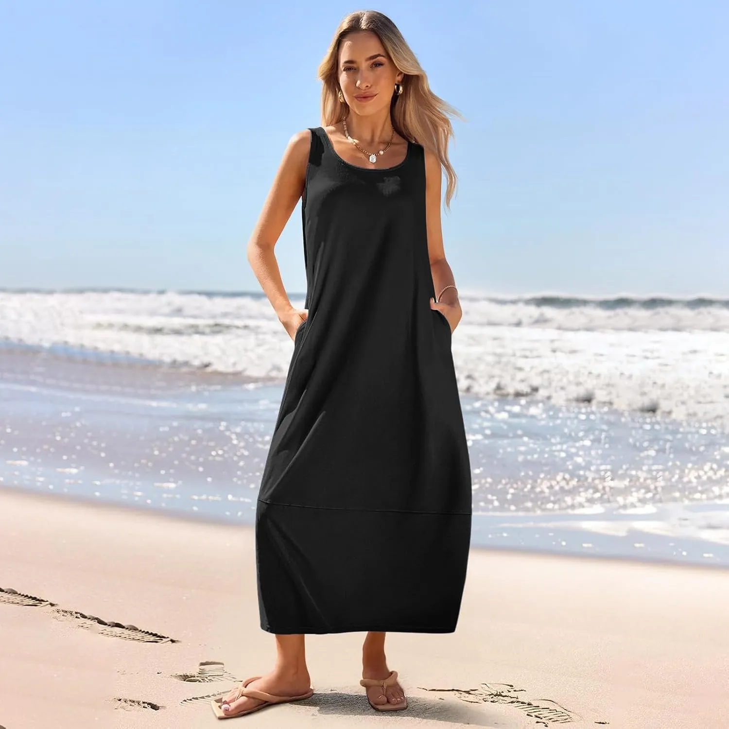Sleeveless Maxi Dress for Women Casual Summer Dress with Pockets Relaxed Fit Shift Bump Friendly