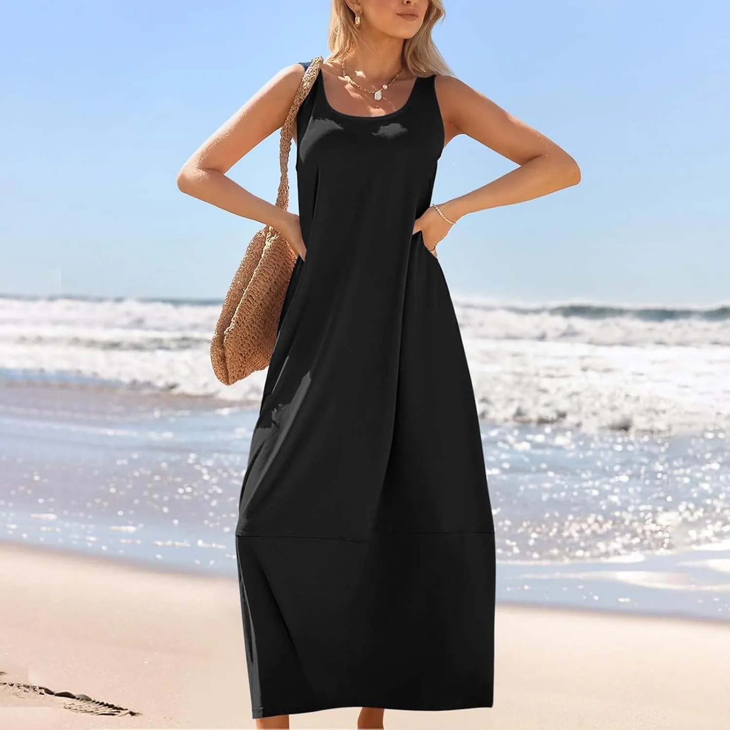Sleeveless Maxi Dress for Women Casual Summer Dress with Pockets Relaxed Fit Shift Bump Friendly