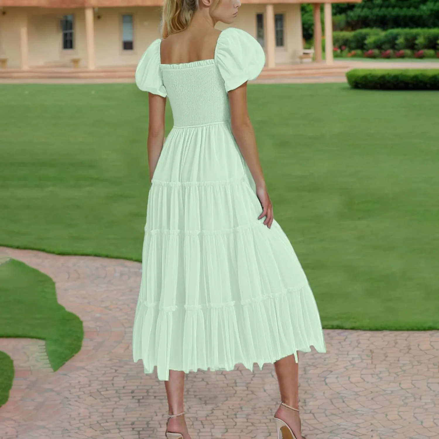 Smocked Midi Tulle Dresses for Women Puff Short Sleeve Square Neck High Waist Flowy Pleated Tiered a Line Party Dress