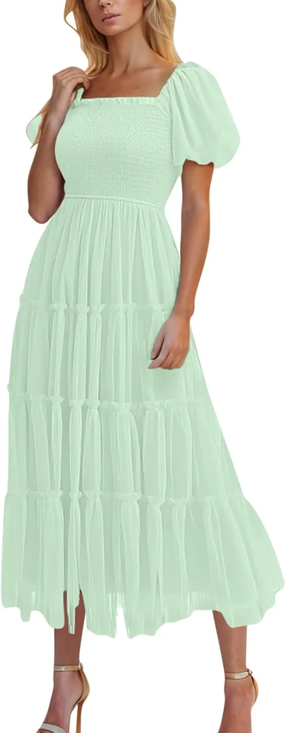 Smocked Midi Tulle Dresses for Women Puff Short Sleeve Square Neck High Waist Flowy Pleated Tiered a Line Party Dress