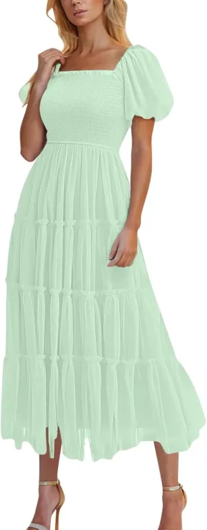 Smocked Midi Tulle Dresses for Women Puff Short Sleeve Square Neck High Waist Flowy Pleated Tiered a Line Party Dress