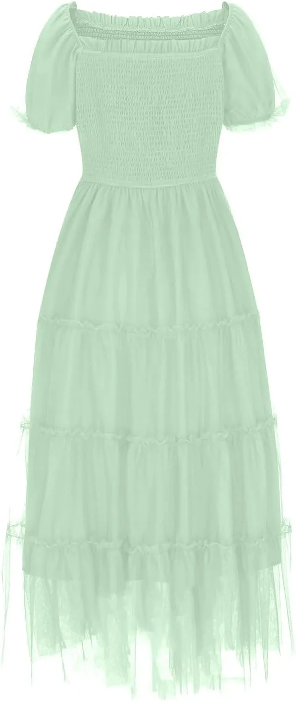 Smocked Midi Tulle Dresses for Women Puff Short Sleeve Square Neck High Waist Flowy Pleated Tiered a Line Party Dress