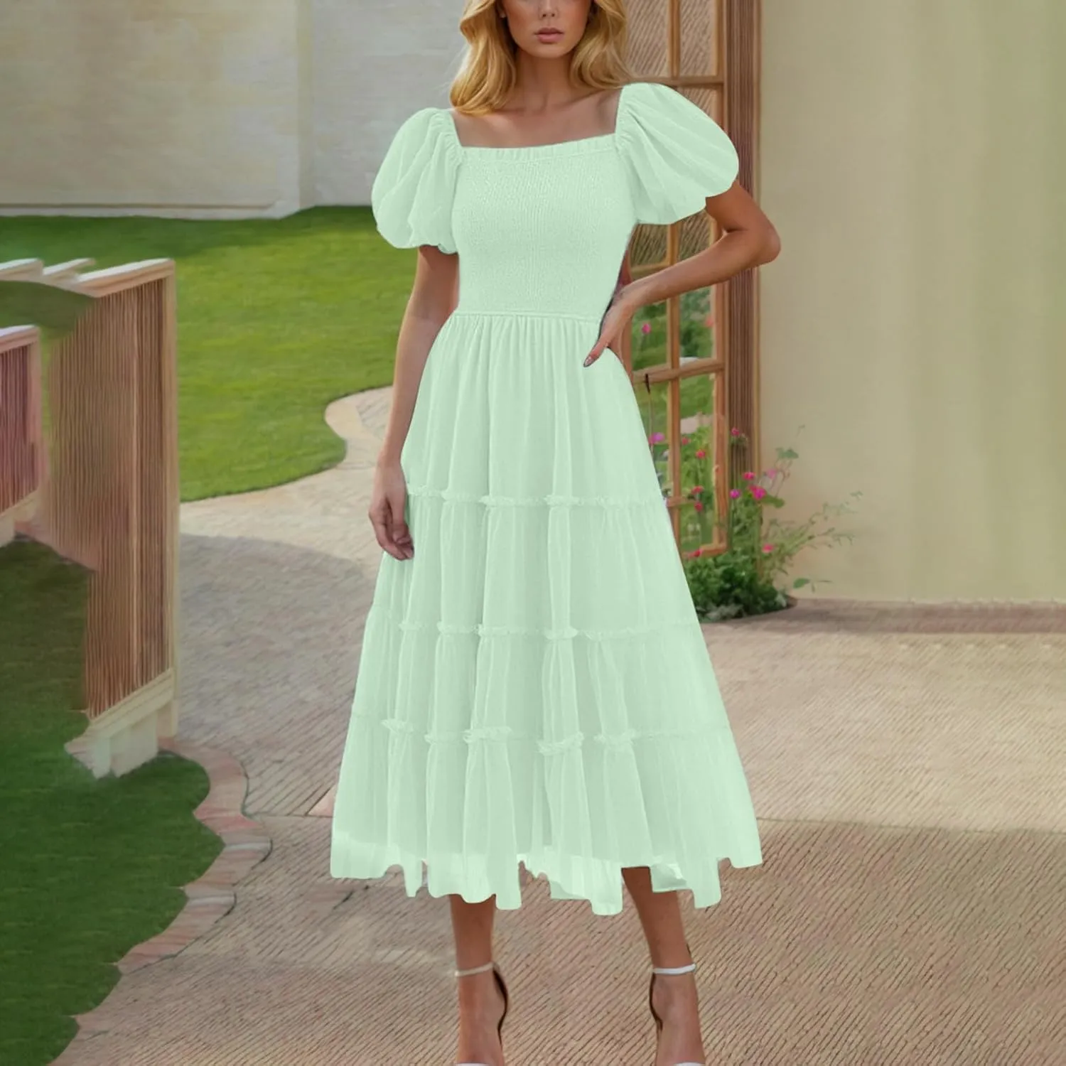 Smocked Midi Tulle Dresses for Women Puff Short Sleeve Square Neck High Waist Flowy Pleated Tiered a Line Party Dress
