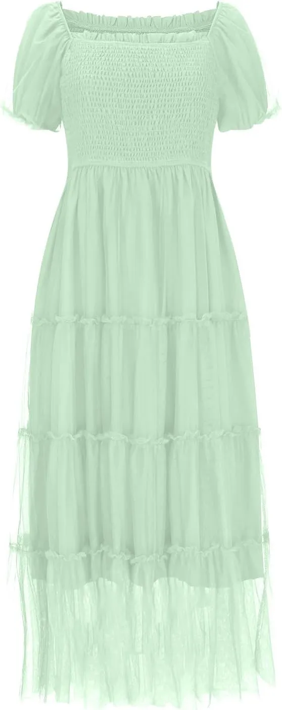 Smocked Midi Tulle Dresses for Women Puff Short Sleeve Square Neck High Waist Flowy Pleated Tiered a Line Party Dress