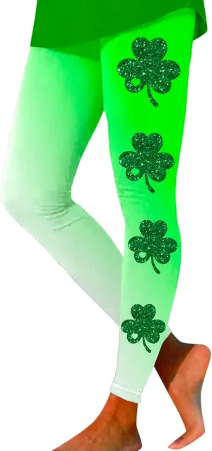St Patricks Day Leggings for Women High Waist Green Clover Leaves Leggings Lucky Irish Shamrock Tights Soft Yoga Pants