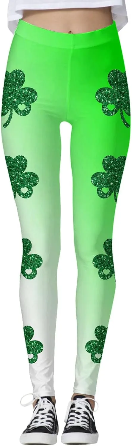 St Patricks Day Leggings for Women High Waist Green Clover Leaves Leggings Lucky Irish Shamrock Tights Soft Yoga Pants