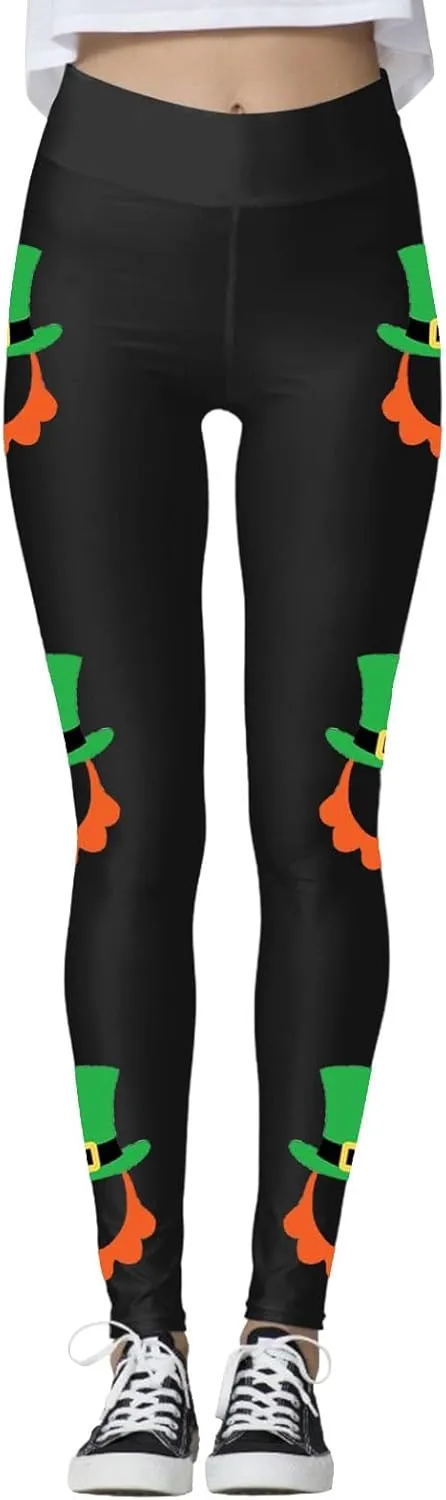 St Patricks Day Leggings for Women High Waist Green Clover Leaves Leggings Lucky Irish Shamrock Tights Soft Yoga Pants