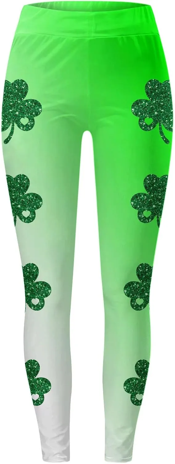 St Patricks Day Leggings for Women High Waist Green Clover Leaves Leggings Lucky Irish Shamrock Tights Soft Yoga Pants