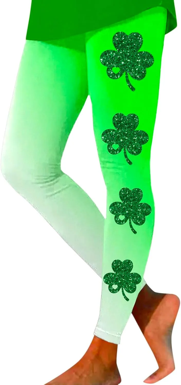 St Patricks Day Leggings for Women High Waist Green Clover Leaves Leggings Lucky Irish Shamrock Tights Soft Yoga Pants