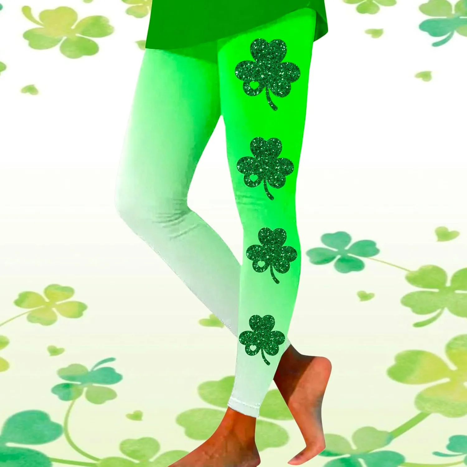 St Patricks Day Leggings for Women High Waist Green Clover Leaves Leggings Lucky Irish Shamrock Tights Soft Yoga Pants