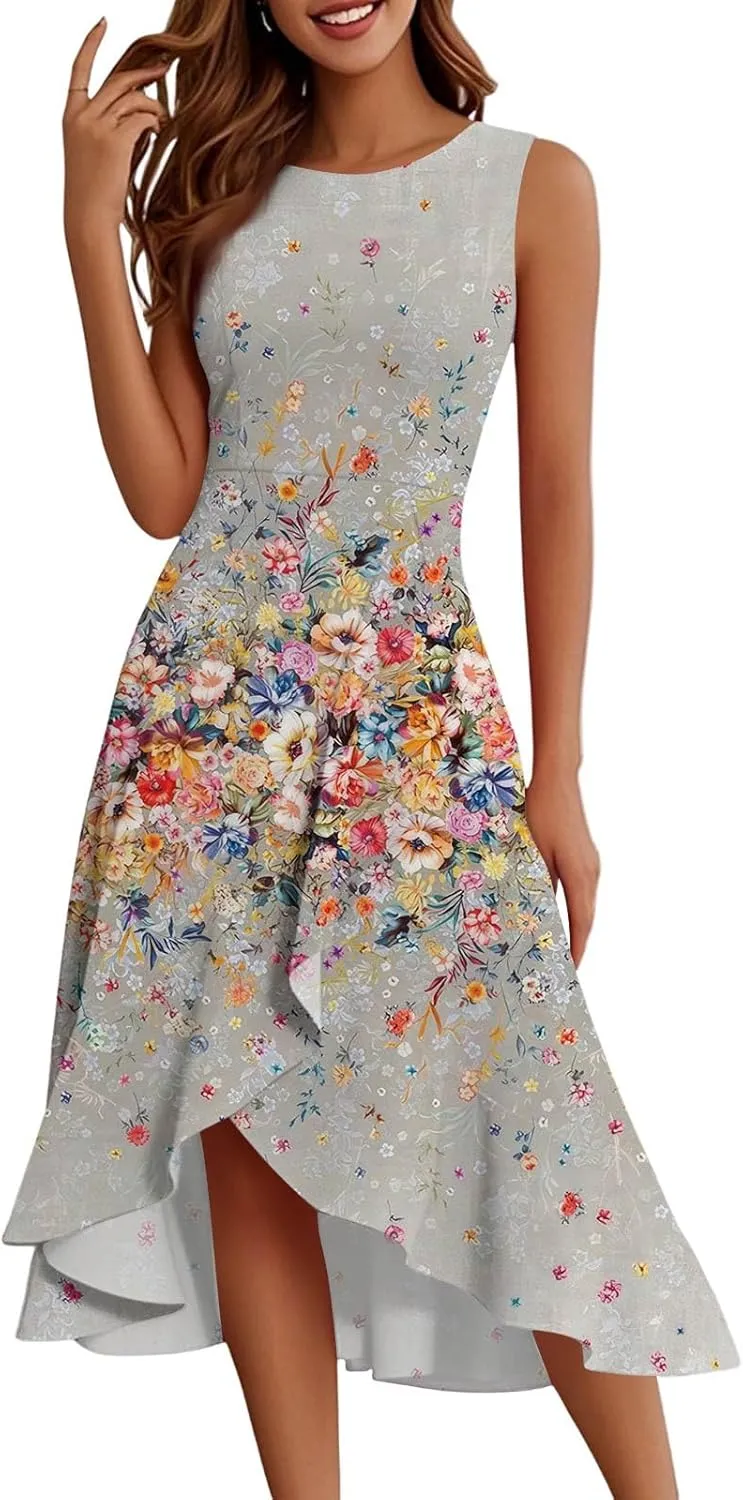Summer Dresses for Women 2025 Asymmetrical Ruffle Sleeveless Floral Print Plus Size Elegant Sexy Party Dress