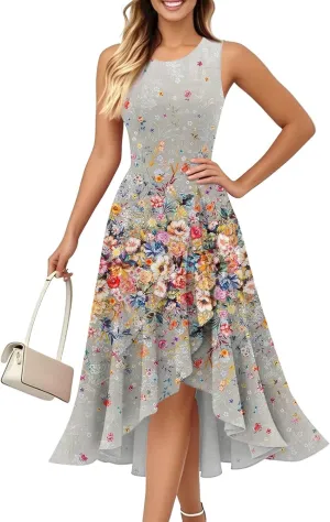 Summer Dresses for Women 2025 Asymmetrical Ruffle Sleeveless Floral Print Plus Size Elegant Sexy Party Dress