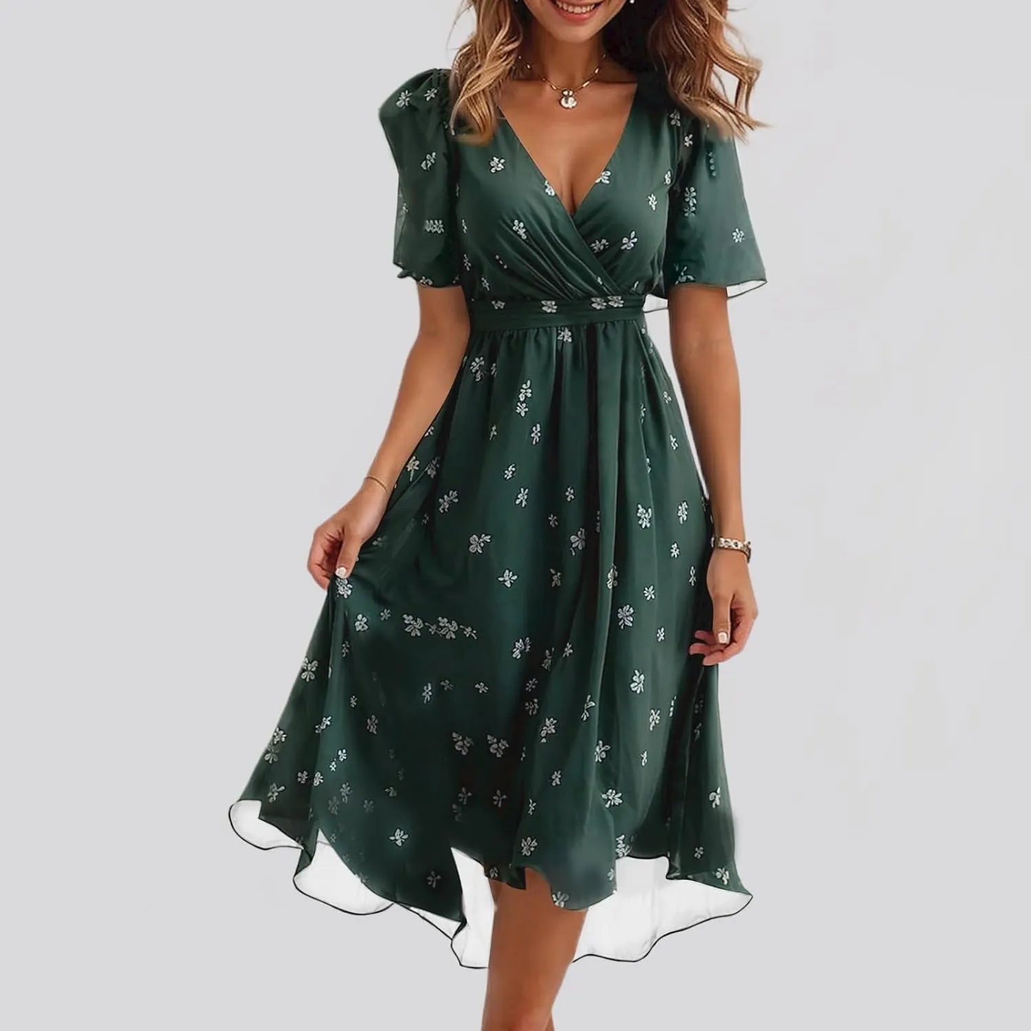 Summer Dresses for Women Chiffon Floral Print Short Sleeve Waist Tie Casual Dress