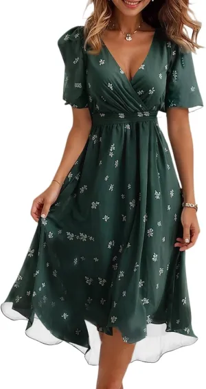 Summer Dresses for Women Chiffon Floral Print Short Sleeve Waist Tie Casual Dress