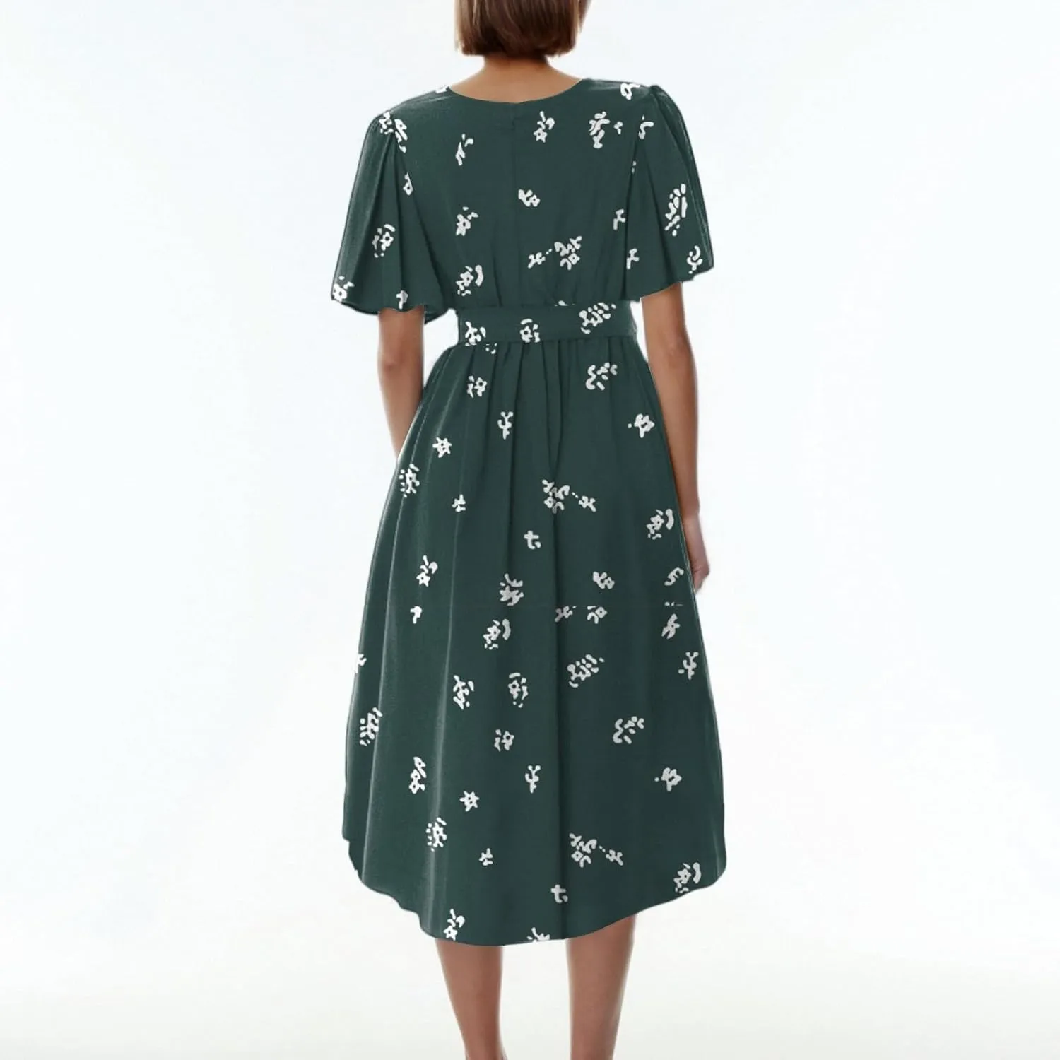 Summer Dresses for Women Chiffon Floral Print Short Sleeve Waist Tie Casual Dress