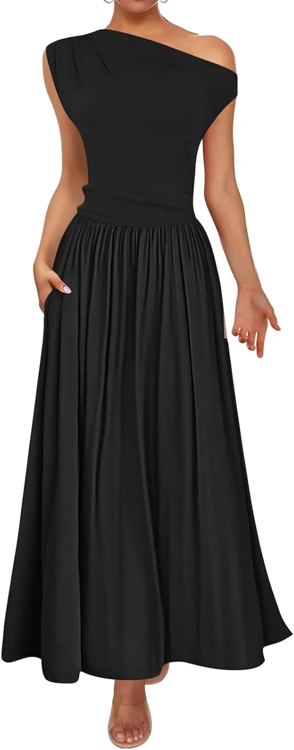 Summer Dresses for Women Trendy One Shoulder Sleeveless Maxi Dress Casual Slim Fit Tunic Ruffle Hem Beach Sundress