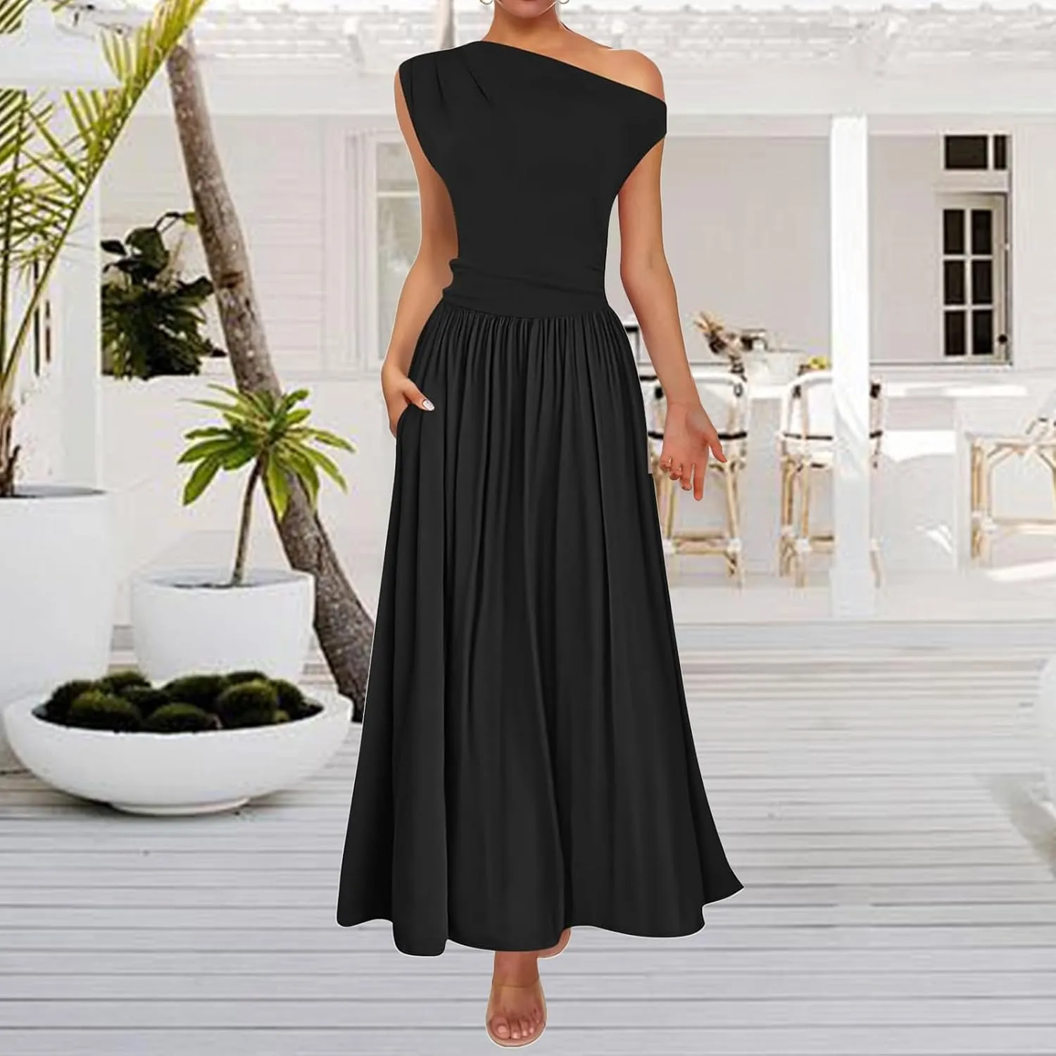 Summer Dresses for Women Trendy One Shoulder Sleeveless Maxi Dress Casual Slim Fit Tunic Ruffle Hem Beach Sundress