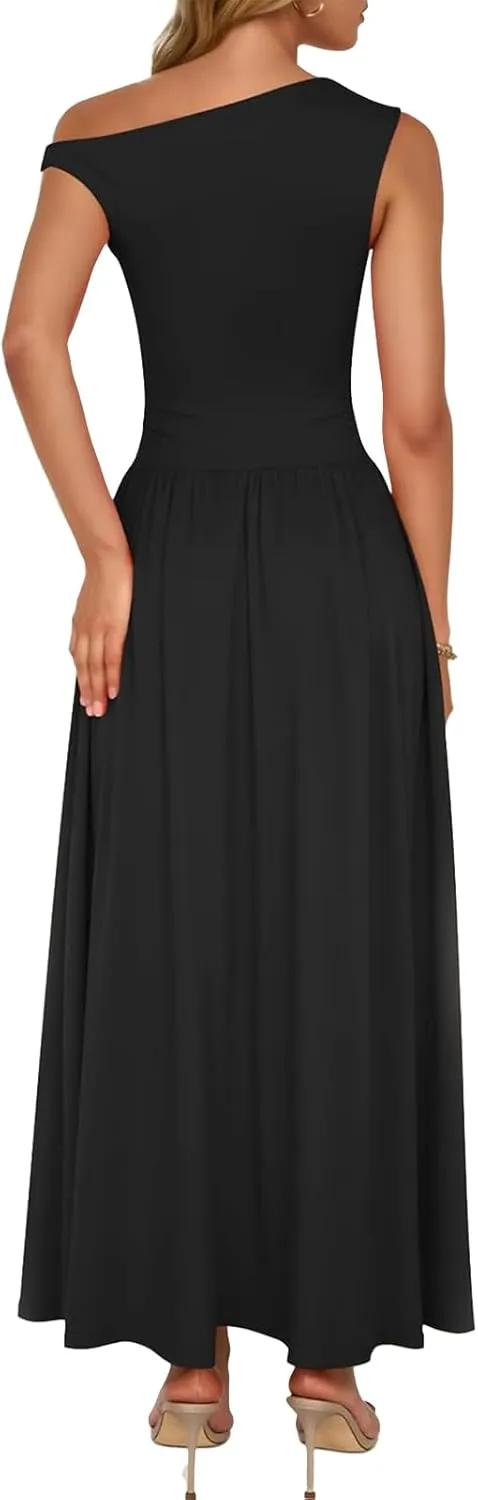 Summer Dresses for Women Trendy One Shoulder Sleeveless Maxi Dress Casual Slim Fit Tunic Ruffle Hem Beach Sundress
