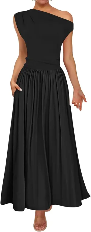 Summer Dresses for Women Trendy One Shoulder Sleeveless Maxi Dress Casual Slim Fit Tunic Ruffle Hem Beach Sundress