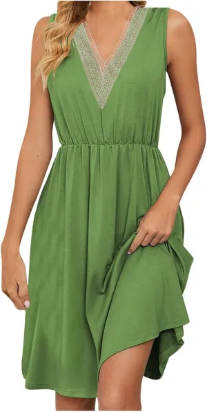 Summer Dresses for Womens 2024 Sexy Lace Patchwork V-Neck Dress Solid Sleeveless Smocked Waist Knee-Length Midi Dress