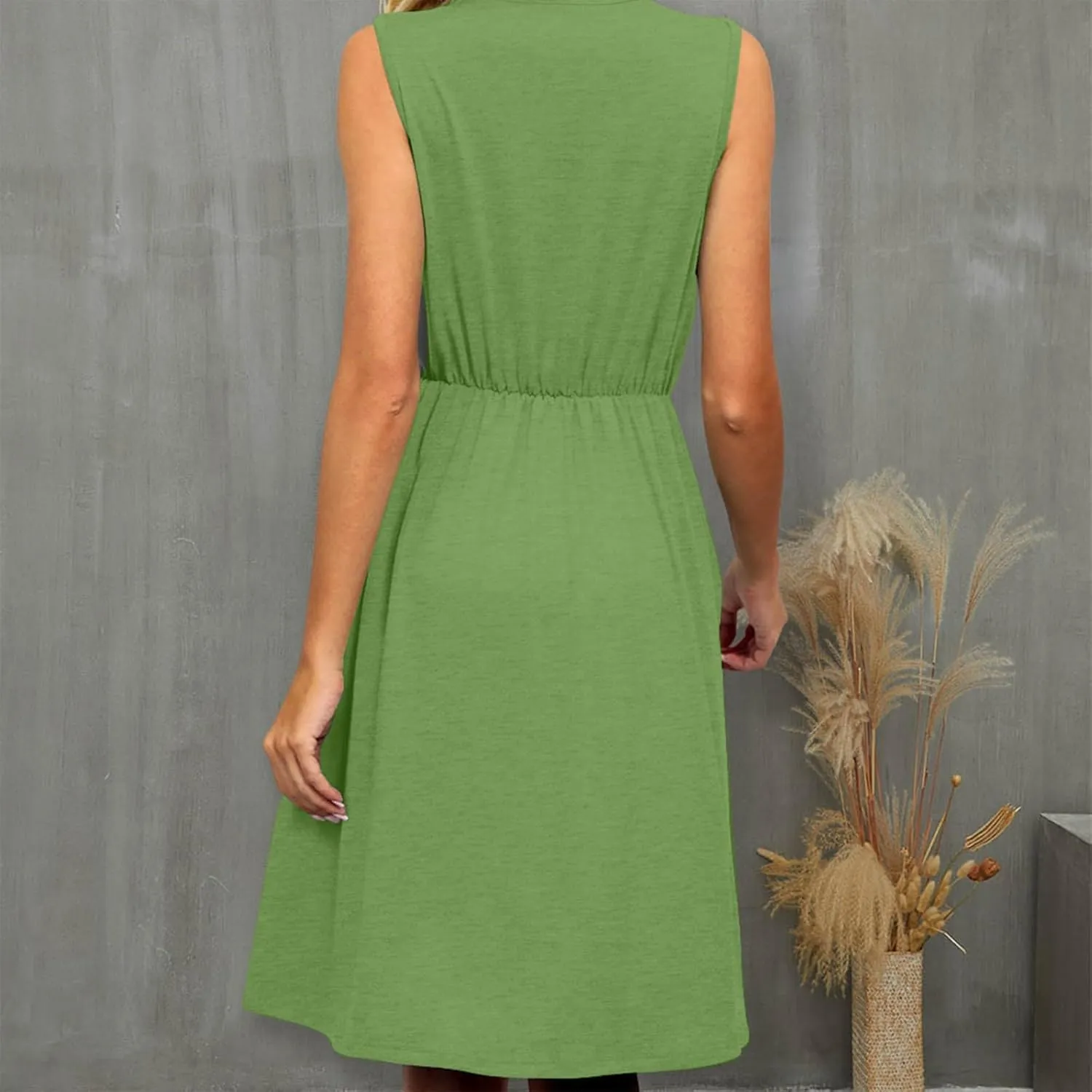 Summer Dresses for Womens 2024 Sexy Lace Patchwork V-Neck Dress Solid Sleeveless Smocked Waist Knee-Length Midi Dress
