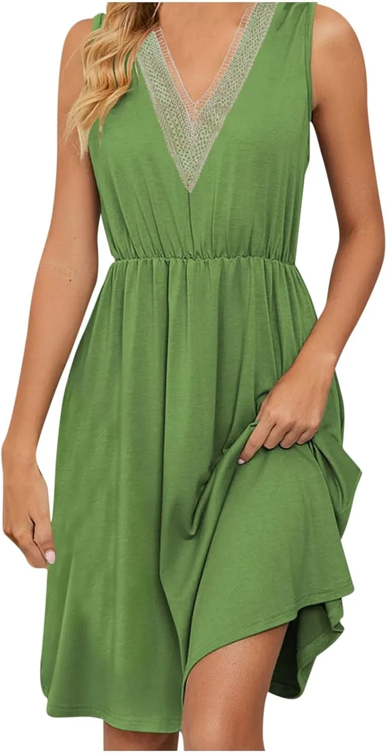 Summer Dresses for Womens 2024 Sexy Lace Patchwork V-Neck Dress Solid Sleeveless Smocked Waist Knee-Length Midi Dress