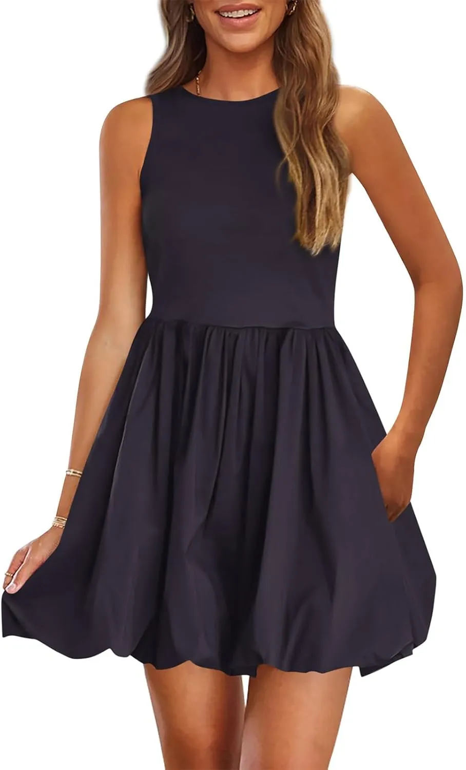 Summer Mini Dress for Women Casal Crew Neck Sleeveless Tank Dresses Trendy Back Zip Up Solid Ruffle Hem Sundress