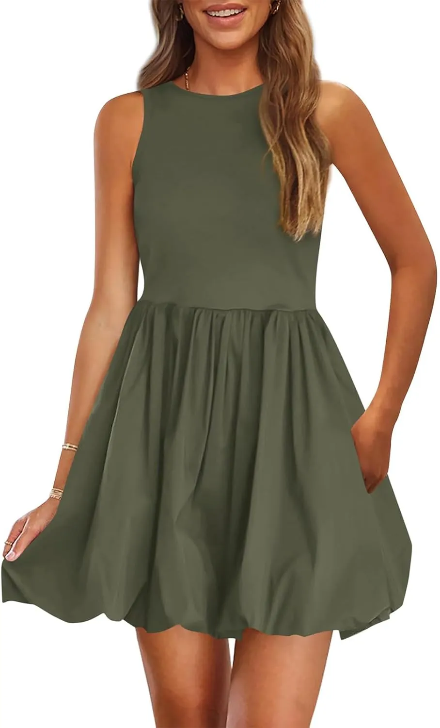 Summer Mini Dress for Women Casal Crew Neck Sleeveless Tank Dresses Trendy Back Zip Up Solid Ruffle Hem Sundress