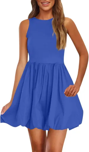 Summer Mini Dress for Women Casal Crew Neck Sleeveless Tank Dresses Trendy Back Zip Up Solid Ruffle Hem Sundress