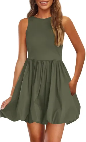 Summer Mini Dress for Women Casal Crew Neck Sleeveless Tank Dresses Trendy Back Zip Up Solid Ruffle Hem Sundress