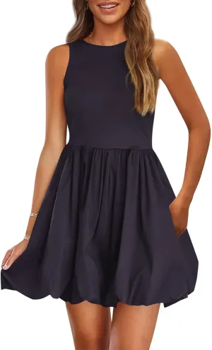 Summer Mini Dress for Women Casal Crew Neck Sleeveless Tank Dresses Trendy Back Zip Up Solid Ruffle Hem Sundress
