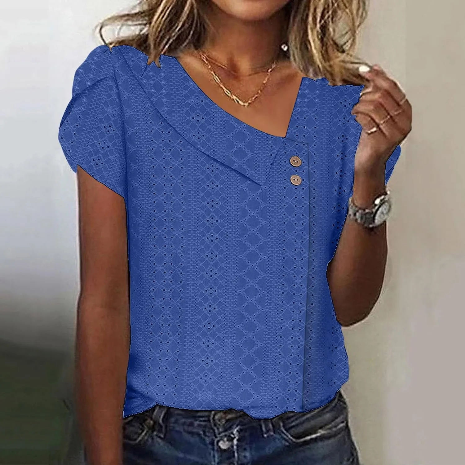 Summer Tops for Women Trendy Eyelet Shirts Short Sleeve Asymmetric V Neck Blouses Casual Loose Boho Tunic Tees 2025