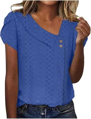 Summer Tops for Women Trendy Eyelet Shirts Short Sleeve Asymmetric V Neck Blouses Casual Loose Boho Tunic Tees 2025