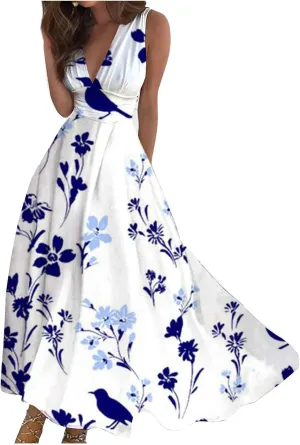 Swing Dress Ladies V Neck 2024 Sleeveless Summer Maxi Dress Womens Boho Waist Retraction Printed Trendy Long Dress