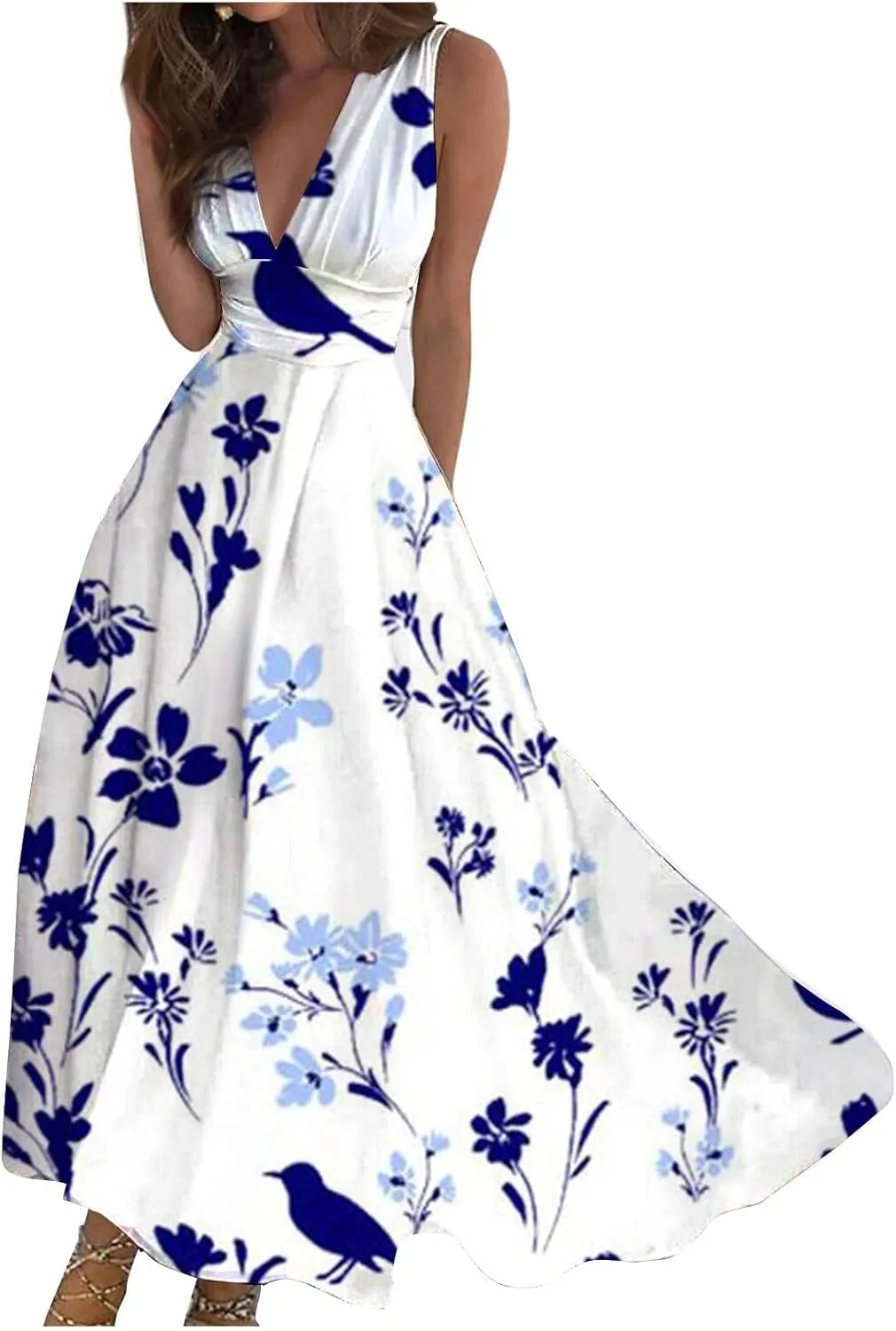 Swing Dress Ladies V Neck 2024 Sleeveless Summer Maxi Dress Womens Boho Waist Retraction Printed Trendy Long Dress