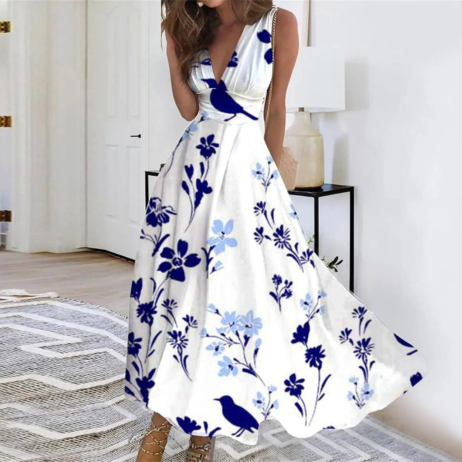 Swing Dress Ladies V Neck 2024 Sleeveless Summer Maxi Dress Womens Boho Waist Retraction Printed Trendy Long Dress
