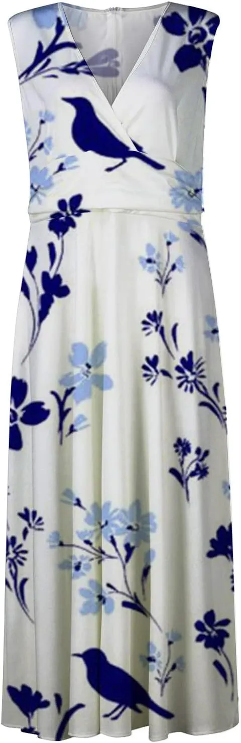 Swing Dress Ladies V Neck 2024 Sleeveless Summer Maxi Dress Womens Boho Waist Retraction Printed Trendy Long Dress